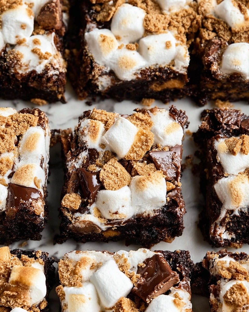 This image shows a close-up of thick brownies cut into squares, each topped with melted white marshmallows and scattered light brown crushed graham cracker pieces. Dark brown melted chocolate chunks peek from under the marshmallows, adding glossy texture. The brownies have a rich, moist look with rough edges visible where they were cut. The entire dish rests on a surface with a white marbled texture. photo taken with an iphone --ar 4:5 --v 7