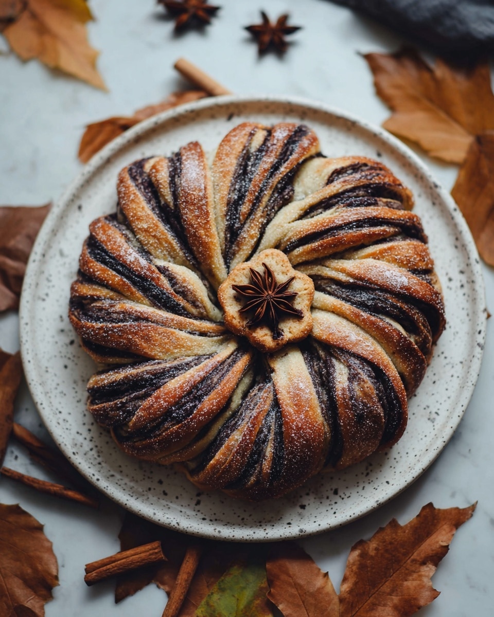 A round pastry shaped like a flower with eight twisted layers, each layer showing dark brown chocolate filling intertwined with light golden-brown dough. The pastry has a soft sugar dusting on top, giving a slight shine. In the center, there is a small round dough piece topped with a star anise for decoration. The pastry sits on a white speckled plate, all placed on a white marbled surface with dry autumn leaves and cinnamon sticks around it, creating a cozy, warm atmosphere. photo taken with an iphone --ar 4:5 --v 7