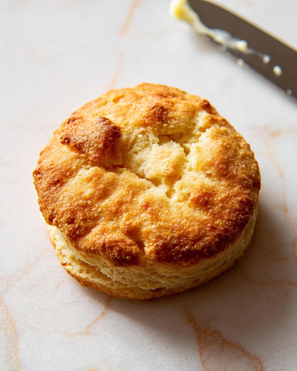 A single golden brown biscuit rests on a white marbled surface, showing a rough, slightly cracked top with a soft, fluffy texture visible around the edges. Behind the biscuit on the right side, there is a knife laying flat, with a small amount of light cream spread on its blade. The scene captures the biscuit from above, highlighting the light shadows and the warm, inviting colors of the freshly baked item. photo taken with an iphone --ar 4:5 --v 7