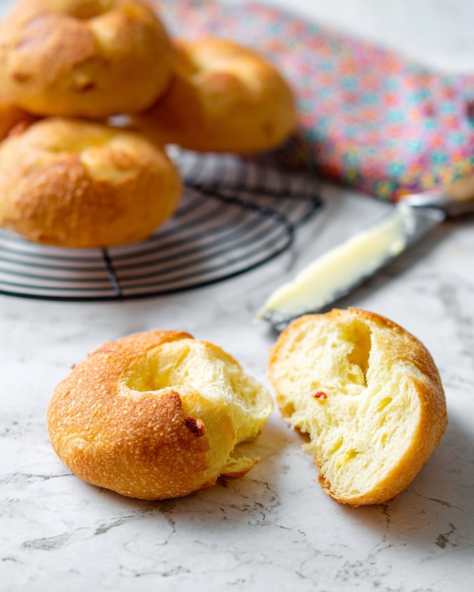 The image shows six golden brown bagels with a slightly rough texture, arranged on a black cooling rack that sits on a colorful cloth with red, yellow, and green floral patterns. One bagel lies off the rack on a white marbled surface. Nearby, there is a silver knife with some soft white spread on it. In the top right corner, there is a white cup filled with dark coffee, placed on a white saucer, all set on the white marbled surface. The light is bright and natural, highlighting the warm colors of the bagels photo taken with an iphone --ar 4:5 --v 7