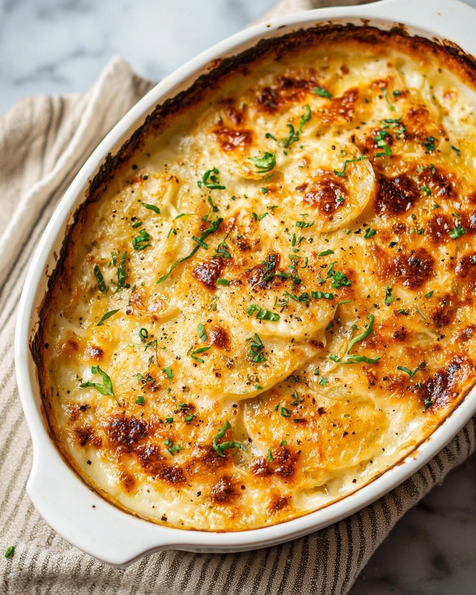 The dish is a baked potato gratin in a white oval ceramic baking dish. It shows several thin layers of creamy white and light yellow potato slices under a golden brown, bubbly cheese crust that is slightly browned in spots. The top is sprinkled with finely chopped green herbs, possibly parsley and chives, and small specks of black pepper. The gratin has a smooth but slightly textured surface from the melted cheese and herbs, and the dish sits on a white marbled surface with a striped cloth partially visible underneath. Photo taken with an iphone --ar 4:5 --v 7
