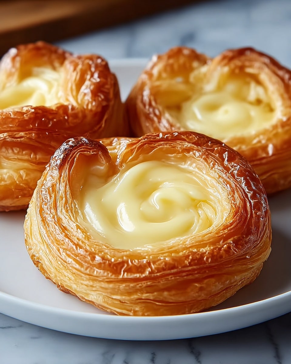 The image shows three golden brown Danish pastries arranged on a white plate, placed on a white marbled surface. Each pastry has multiple flaky layers that are thin, shiny, and spiraled, forming a circular shape. The center of each pastry is filled with smooth, creamy, pale yellow custard that looks soft and glossy. The layers of pastry curl gently up around the creamy filling, with a visible texture showing delicate crisp edges. Photo taken with an iphone --ar 4:5 --v 7