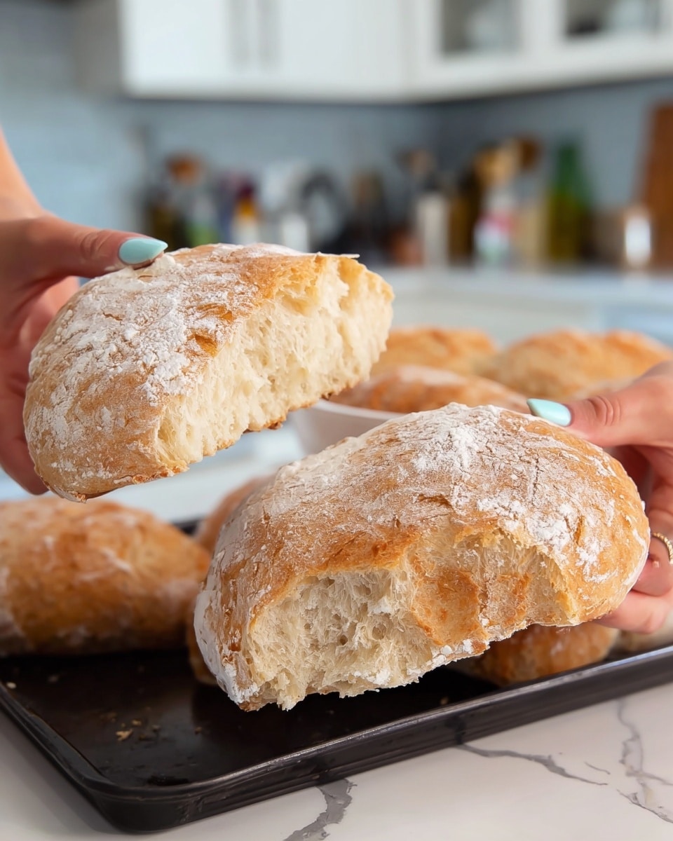 Two pieces of light brown bread with a soft texture and dusted with white flour are being pulled apart by a woman's hands with light blue nail polish. The bread has a slightly uneven surface showing its airy inside. In the background, more pieces of similar bread rest on a white plate inside a black baking tray on a white marbled countertop. The kitchen behind has white cabinets and a blurred view of bottles and jars. Photo taken with an iphone --ar 4:5 --v 7