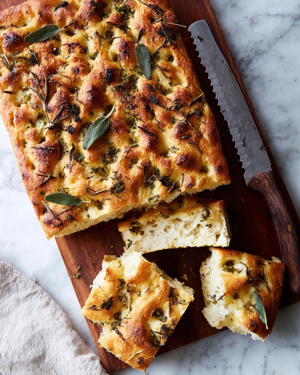 A white rectangular focaccia bread with a thick, golden-brown crust and airy texture is placed on a wooden board over a white marbled surface. The top layer of the bread is dotted with browned, toasted spots and sprinkled with green herbs and scattered whole sage leaves, adding texture and color. Two smaller torn pieces show the soft, light interior of the bread. A serrated knife with a dark wooden handle sits beside the focaccia on the board. Photo taken with an iphone --ar 4:5 --v 7