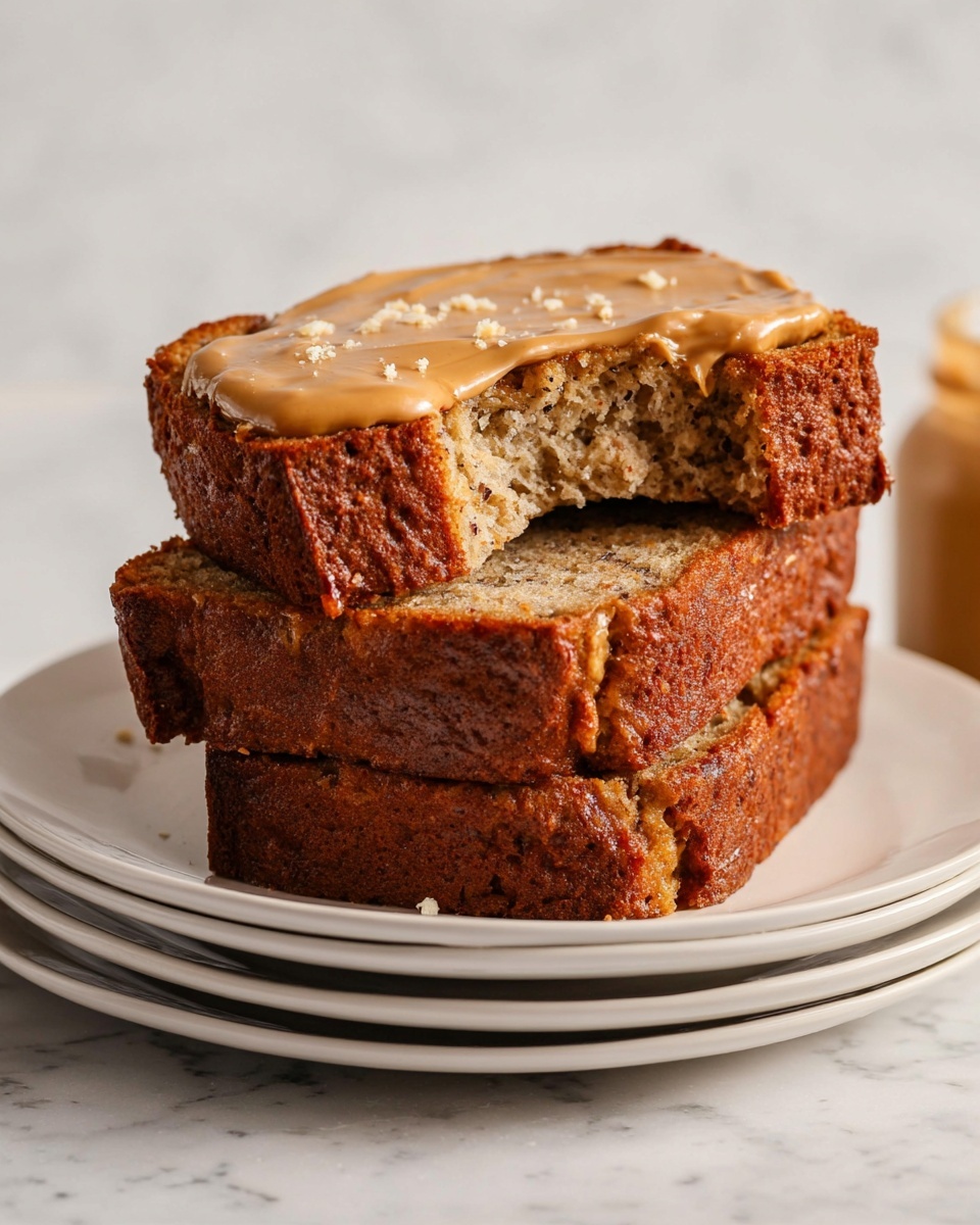 A stack of three thick slices of banana bread sits on two white plates, placed on a white marbled surface. The top slice has a smooth layer of creamy peanut butter spreading over it, with small bits on the surface. The bread is golden brown on the outside with a soft, airy texture inside, clearly visible where a bite is taken from the top slice. Photo taken with an iphone --ar 4:5 --v 7