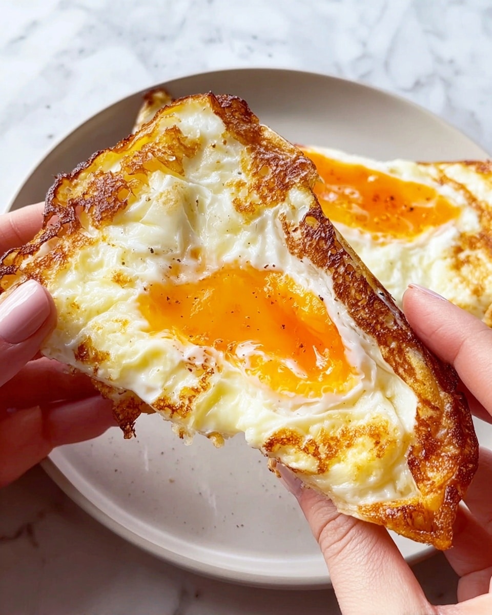 A close-up view of a white plate with toasted egg slices, showing one piece held by two woman's hands. The slice has three thin layers: a golden-yellow yolk layer in the middle, surrounded by white cooked egg white layers. The outside edge is browned and crispy with a textured, slightly bubbly surface. The background is a white marbled surface. Photo taken with an iphone --ar 4:5 --v 7