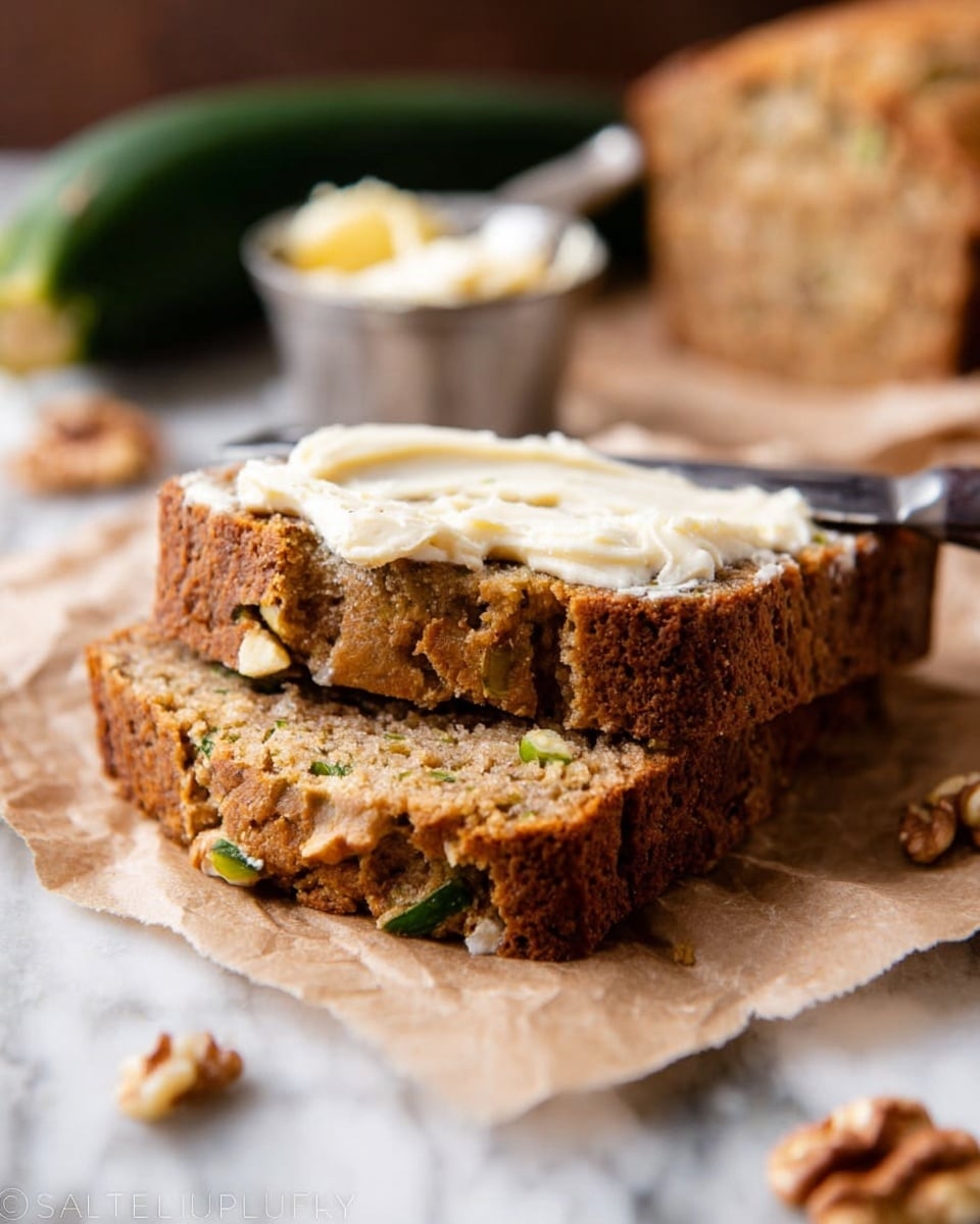 Two slices of moist, brown bread with small green and nut pieces inside lie stacked on a piece of crinkled brown paper on a white marbled surface. The top slice is thickly spread with creamy, off-white butter, with a silver knife resting on it. Scattered walnut halves and a blurred dark green squash are visible in the background, along with a small silver cup filled with more butter. Photo taken with an iphone --ar 4:5 --v 7