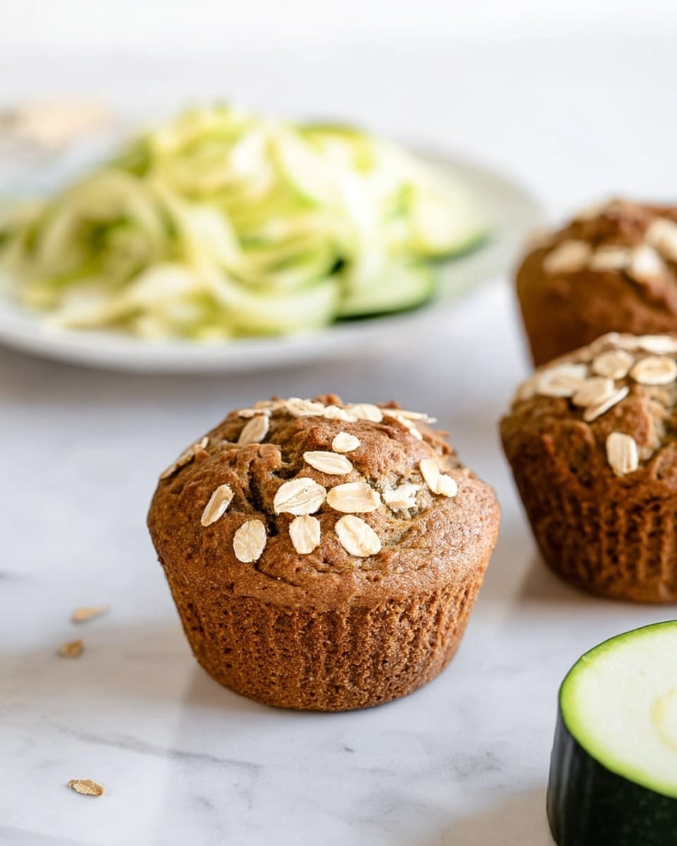 The image shows three brown muffins with a slightly cracked top, each topped with toasted oats scattered unevenly. In the background, there is a white plate with shredded pale green zucchini, and a halved zucchini with a green rind and light yellow inside sits next to the plate. The muffins have a soft, porous texture and sit directly on a white marbled surface, creating a clean and bright setting. Photo taken with an iphone --ar 4:5 --v 7