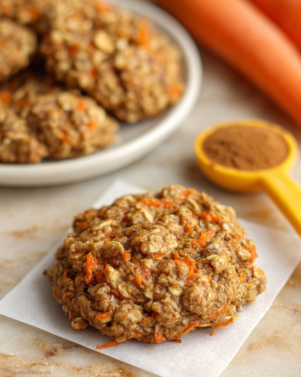 A close-up of a soft, thick oatmeal cookie with visible orange shredded carrot mixed in, sitting on a small square piece of white parchment paper. The cookie has a rough, textured surface with chunks of oats and carrot throughout in shades of light brown and orange. Behind it, there is a yellow measuring spoon filled with brown cinnamon powder, and more similar cookies are placed on a white plate in the blurred background. The scene is set on a white marbled texture with warm lighting making the cookie look soft and chewy. Photo taken with an iphone --ar 4:5 --v 7
