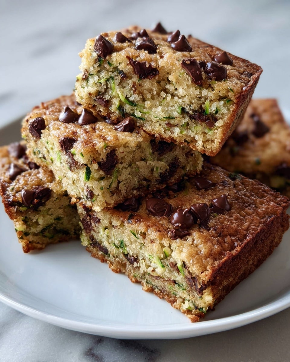 The image shows three square pieces of a thick baked dessert stacked on a white plate. Each piece has a golden-brown top layer dotted with soft, dark chocolate chips scattered evenly. The inside layer is light brown with green flecks of zucchini mixed throughout, giving it a moist and textured look. The edges are slightly crisp while the center appears tender and dense. The plate sits on a white marbled surface, with natural light reflecting softly. photo taken with an iphone --ar 4:5 --v 7