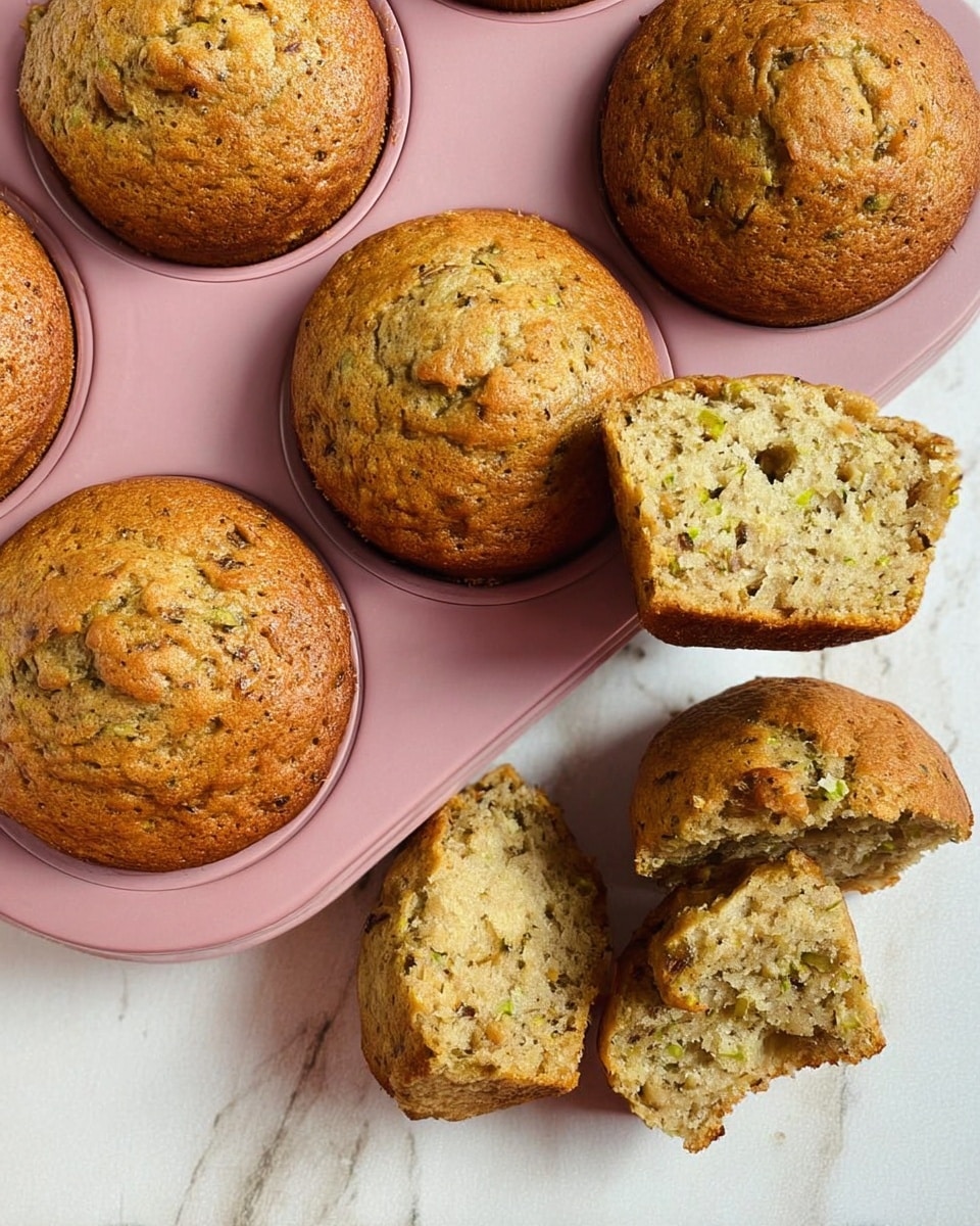 Six golden brown muffins with small green specks inside are shown on a pink muffin tray, resting on a white marbled surface. Five additional muffins are placed nearby, one of which is broken into two uneven pieces, revealing a soft, slightly dense texture inside with visible small bits. The muffins have a round shape with slightly cracked tops and a smooth, even crust. Photo taken with an iphone --ar 4:5 --v 7