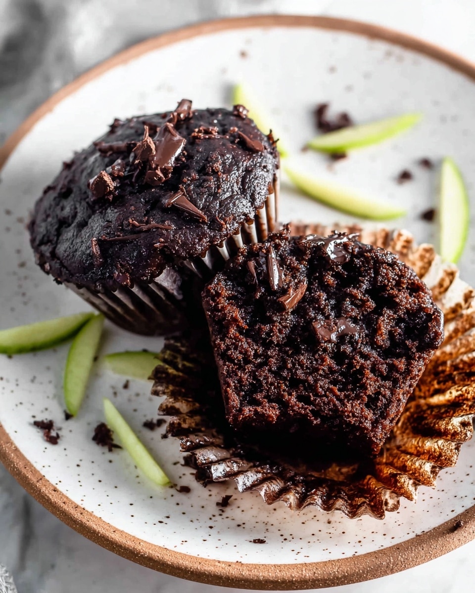 The image shows four dark chocolate muffins arranged on a white marbled surface. Three whole muffins have a cracked rough texture with some chocolate chips on top, each sprinkled with small white flakes that look like salt. One muffin is open, revealing a moist inside filled with melted chocolate chips. The muffin liners are partially visible, showing a textured pattern and some crumbs around the base. Scattered chocolate chips and a small green leaf are on the surface near the muffins. photo taken with an iphone --ar 4:5 --v 7