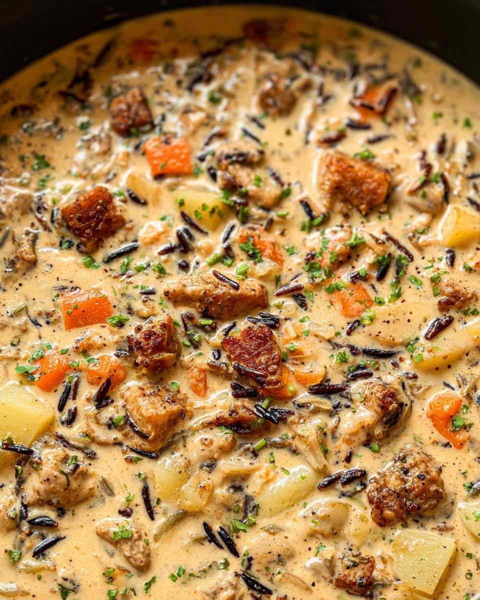 This dish shows a thick creamy stew with several layers of texture and color. The base is a light tan cream sauce covering the whole frame, dotted with small green herbs. Large chunks of light brown cooked meat are spread evenly on top, with bits of dark wild rice interspersed throughout. There are small orange carrot pieces and pale yellow potato cubes mixed in, all coated in the sauce. The stew looks rich with a slight speckle of black pepper on the surface, creating a hearty and warming appearance. Photo taken with an iphone --ar 4:5 --v 7