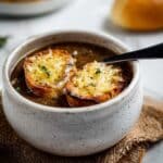 Classic French Onion Soup with Gruyère Cheese and Baguette Toast Recipe