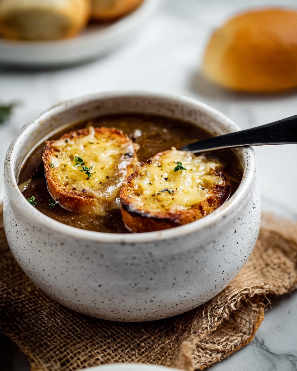 Classic French Onion Soup with Gruyère Cheese and Baguette Toast Recipe
