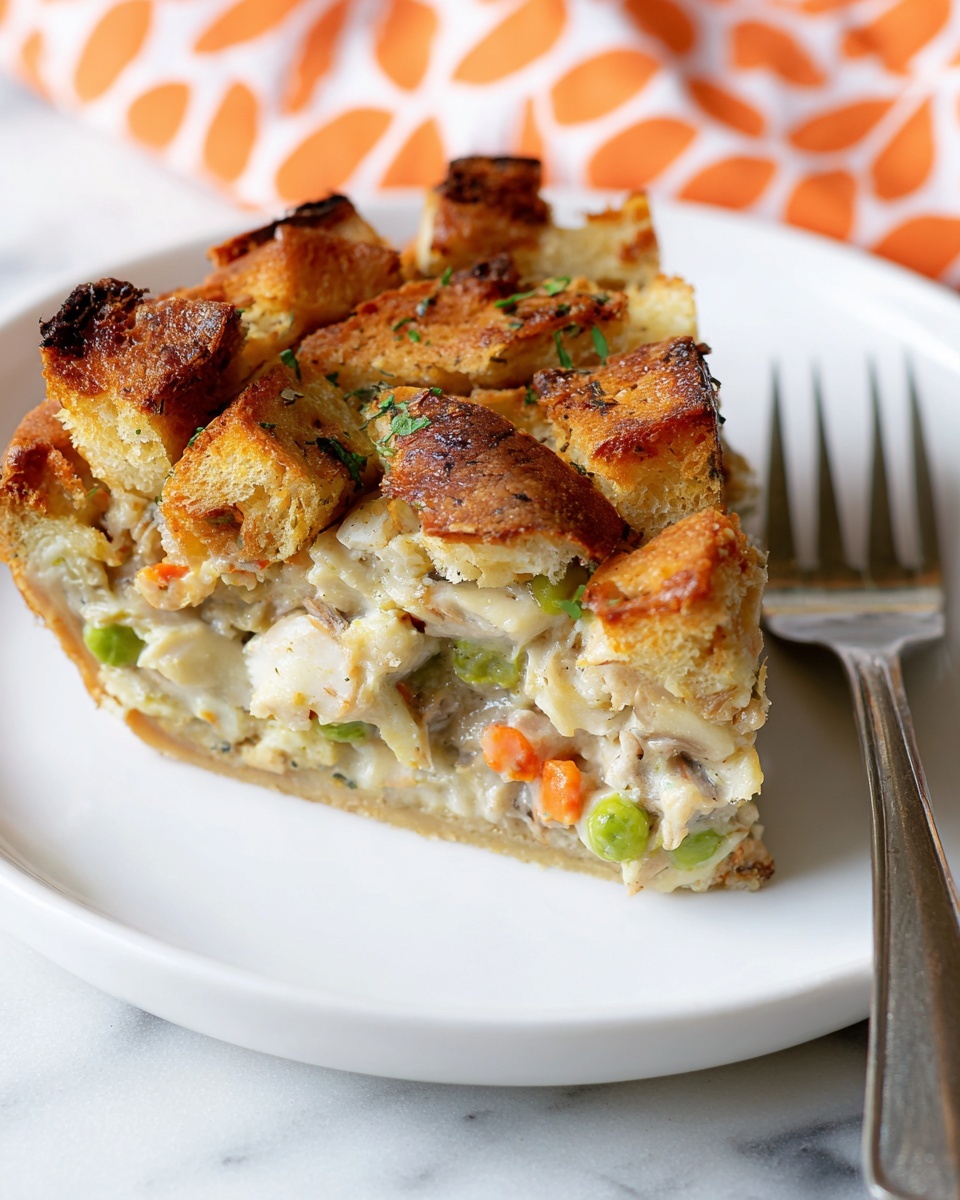 A slice of baked savory pie is shown on a white plate with a silver fork beside it. The pie has a crispy, golden brown top layer with toasted, uneven cubes of bread. Below the top layer is a creamy, mixed filling that contains small chunks of light-colored vegetables and bits of green peas and orange carrots, all visible within the dense filling. The crust at the bottom is thin and slightly browned. The background has a white marbled texture and a soft orange and white patterned cloth is partially visible behind the plate. Photo taken with an iphone --ar 4:5 --v 7
