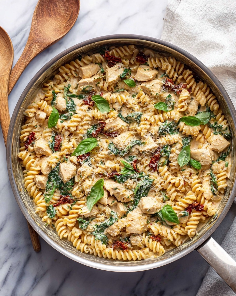 A large silver pan holds a creamy pasta dish with yellow spiral rotini noodles mixed with small light beige pieces of chicken. Scattered among the pasta are dark green fresh basil leaves, smaller chopped basil strips, and deep red sun-dried tomato pieces. The dish is topped with a light sprinkle of grated white cheese. The pan sits on a white marbled surface with a wooden spoon to the left and a white cloth near the top right corner. The colors are warm and fresh, showing texture from the creamy sauce coating the noodles and chicken. Photo taken with an iphone --ar 4:5 --v 7