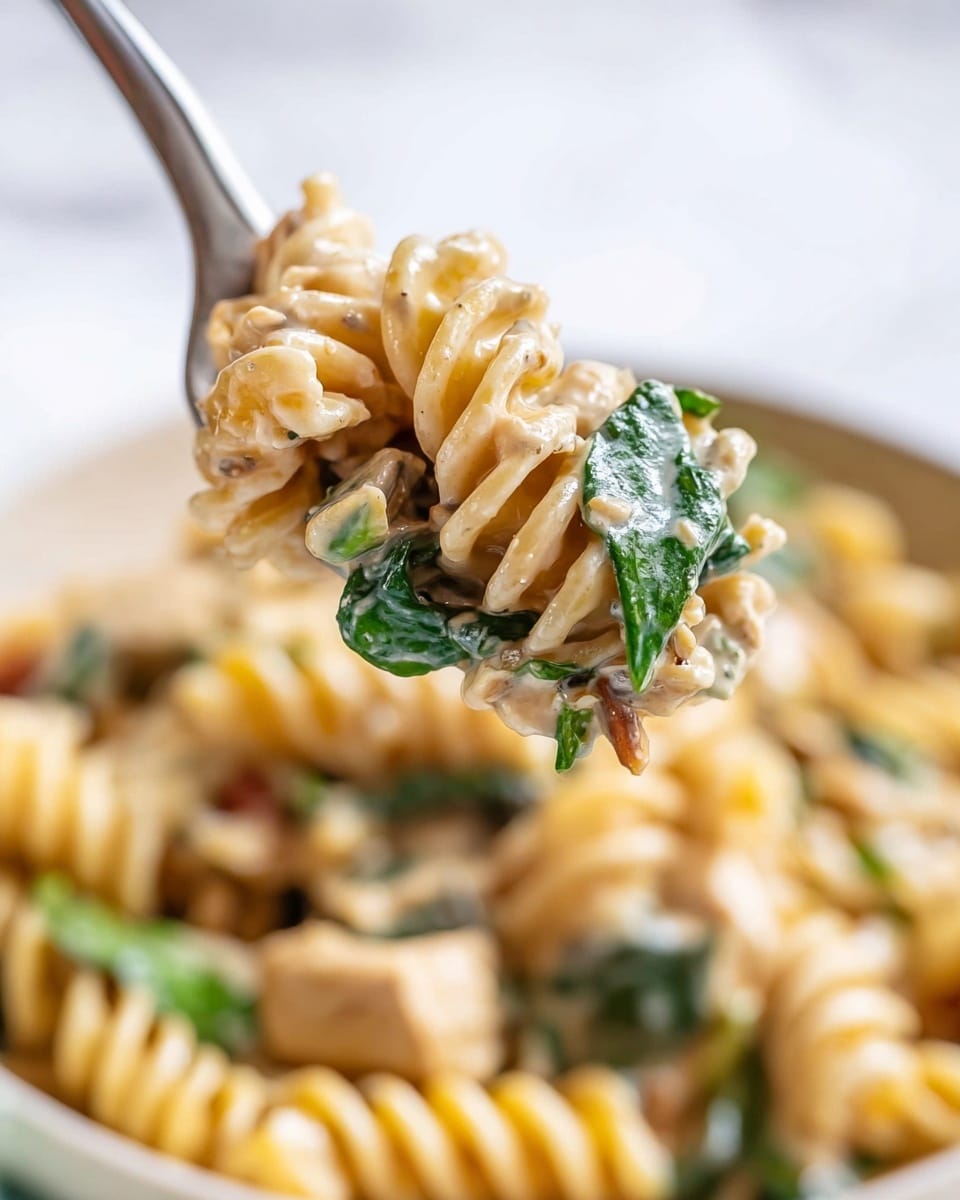 A close-up view of a fork holding a portion of creamy rotini pasta covered in a light beige sauce with visible green spinach leaves and small bits of chicken. The pasta spirals are tightly packed and coated evenly with the sauce. In the background, more pasta with chicken and spinach is visible on a white plate on a white marbled surface. Photo taken with an iphone --ar 4:5 --v 7
