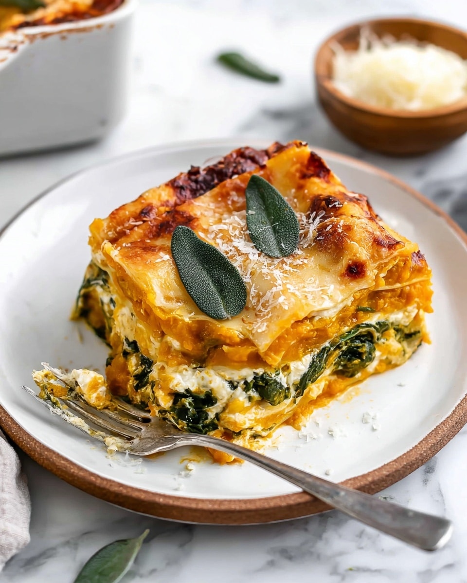 A square slice of lasagna with visible layers of orange pumpkin sauce, creamy white cheese mixture, vibrant green spinach leaves, and thin pasta sheets sits on a white plate with light brown rim details. The top layer is golden and slightly browned with melted cheese, topped with three green sage leaves. A silver fork rests under a small bite of lasagna in front, revealing the inside layers. The plate is placed on a white marbled surface, and a small wooden bowl with shredded cheese is blurred in the background. photo taken with an iphone --ar 4:5 --v 7
