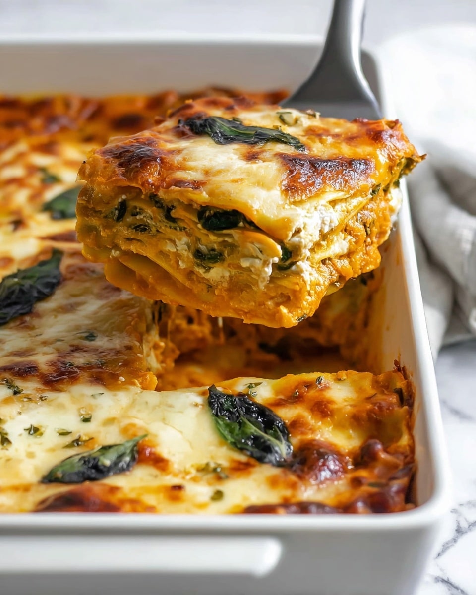 A close-up of a white baking dish filled with a layered lasagna slice being lifted by a metal spatula, showing four visible layers: a base layer of orange sauce, a second layer with green leafy herbs, a third layer of creamy white cheese, and a top layer of melted golden cheese with some browned spots and dark green leaves scattered on top. The background shows the rest of the lasagna with shiny melted cheese and more dark green leaves on a white marbled surface. Photo taken with an iphone --ar 4:5 --v 7