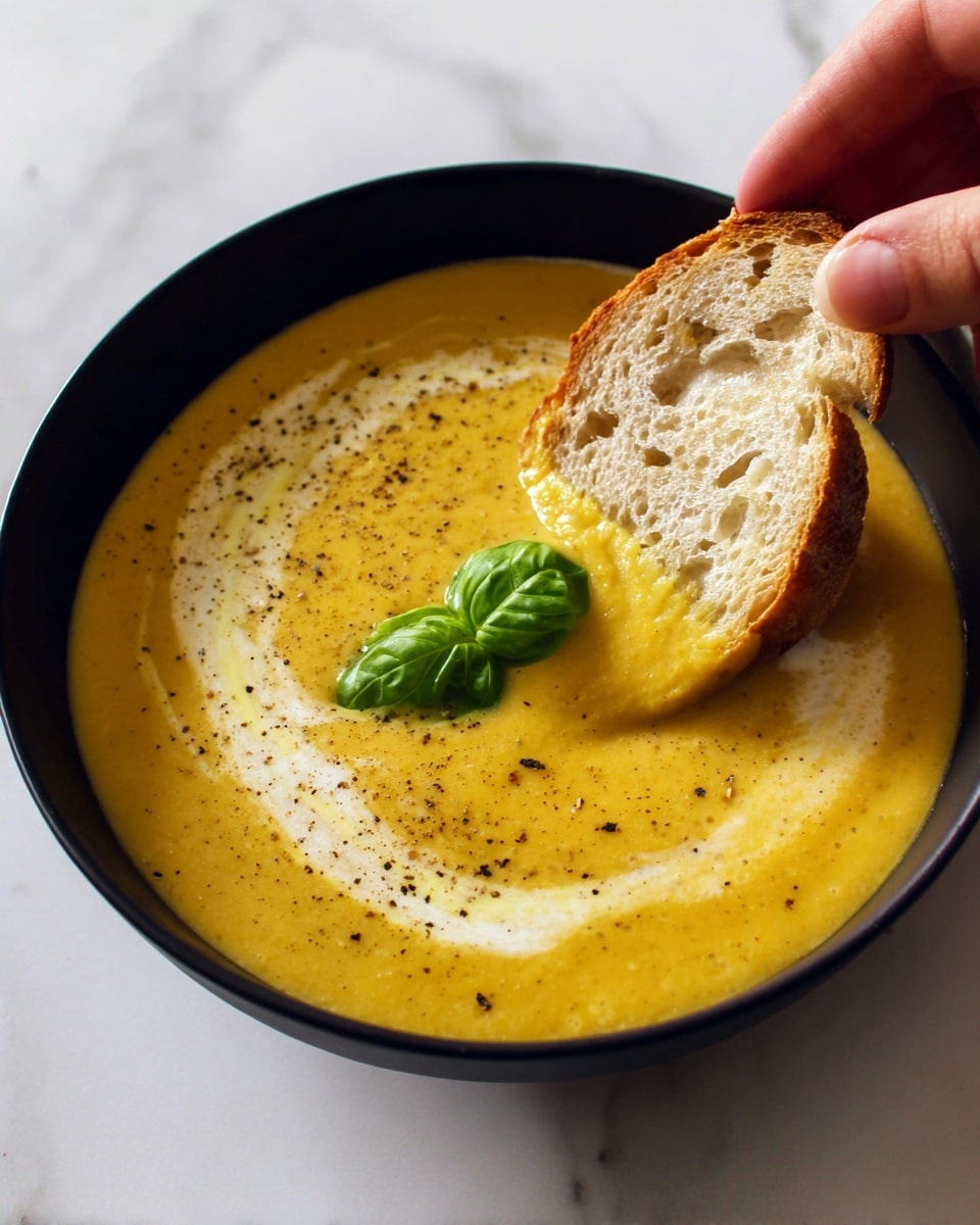 A black bowl filled with thick yellow soup, swirled with white cream and sprinkled with black pepper. A single green basil leaf rests on top in the middle of the soup. A woman's hand is dipping a piece of light tan bread with an airy texture into the soup, showing the soup coating one side of the bread. The bowl sits on a white marbled surface. photo taken with an iphone --ar 4:5 --v 7
