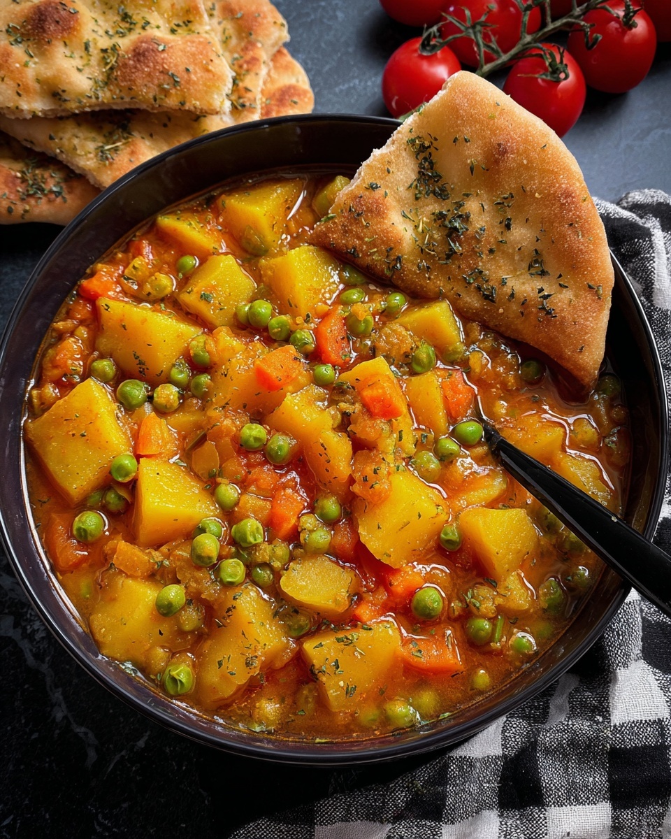 A black bowl filled with a stew made of orange-yellow potato chunks, bright green peas, and small pieces of orange carrot, all mixed in a light reddish broth with visible herbs, mostly on the surface. The stew fills the bowl, with a piece of flatbread resting on the edge, showing a golden-brown, slightly crispy texture sprinkled with herbs. A black spoon is partially submerged in the stew on the right side. The bowl is placed on a dark surface with a sprig of red cherry tomatoes in the background and a black and white checkered cloth nearby. Photo taken with an iphone --ar 4:5 --v 7