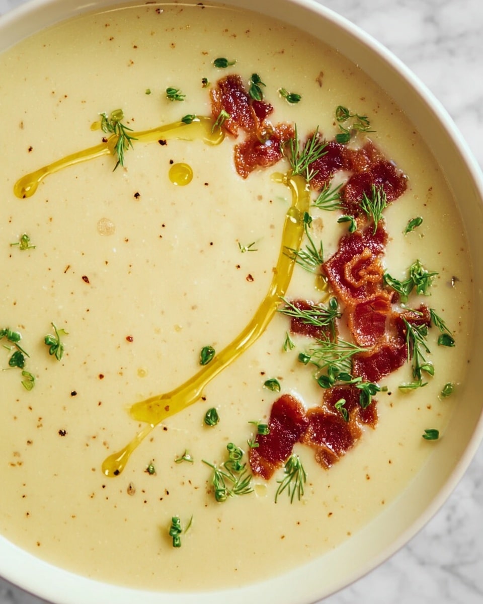 The image shows a creamy pale yellow soup with small black specks, served in a white bowl placed on a white marbled surface. On one side of the soup, there are crispy reddish-brown bacon pieces scattered, along with small green herb leaves and sprigs of dill, adding texture and color contrast. Drops of golden oil are artfully drizzled in a curved line near the bacon and herbs, giving a shiny touch to the smooth soup surface. photo taken with an iphone --ar 4:5 --v 7