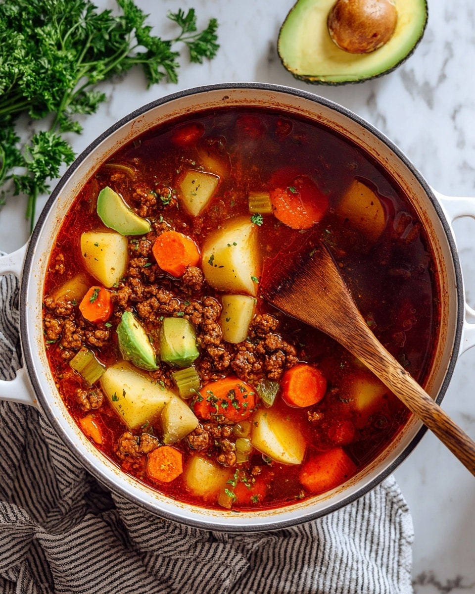 A white pot filled with a thick stew showing three main layers: the base layer is rich red broth with visible herbs and spices, the second layer consists of chunky orange carrot slices and light yellow potato pieces, and the top layer has light green celery chunks and browned minced meat scattered evenly. A wooden spoon rests inside the pot, partially submerged in the stew. The pot sits on a white marbled surface with a striped cloth underneath and half an avocado cut in two near the top edge. Bright green parsley lies on the surface next to the pot. Photo taken with an iphone --ar 4:5 --v 7