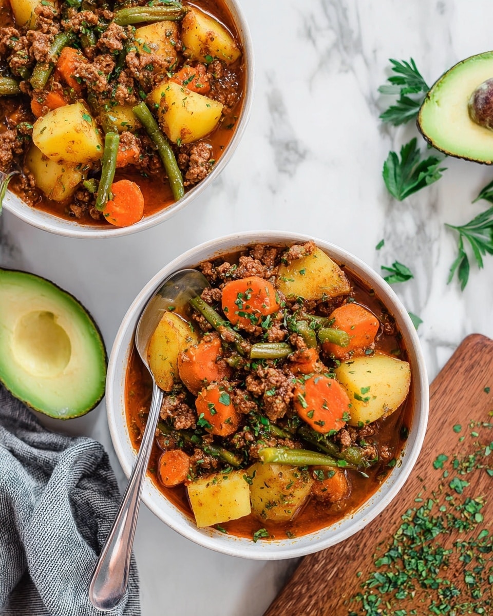 Two white bowls filled with a stew made of three main layers: large chunks of yellow potatoes, thick orange carrot slices, and pieces of green beans mixed with browned ground meat in a rich brown sauce; the stew is sprinkled with chopped green herbs on top. Each bowl has a silver spoon resting inside on the right side, and the bowls are placed on a white marbled surface, with two avocado halves nearby and some green herb leaves scattered around. Part of a wooden cutting board with chopped herbs is visible at the bottom right corner. Photo taken with an iphone --ar 4:5 --v 7