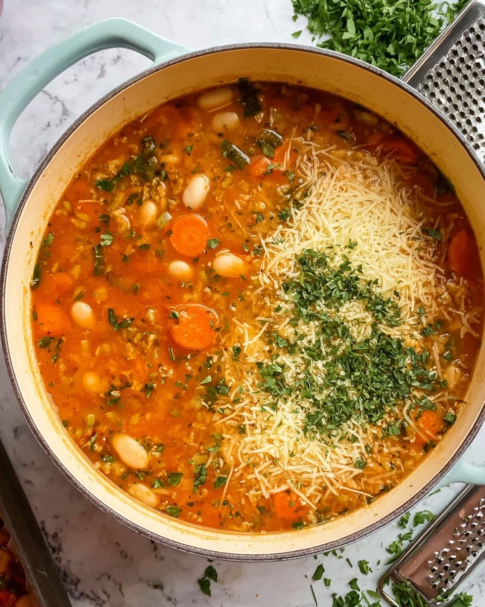 A close-up top view of a pot filled with soup showing two main layers: the first layer is a thick orange broth with visible pieces of orange carrot slices, white beans, and green herbs floating throughout. The second layer has a sprinkling of shredded light yellow cheese and green chopped parsley spread unevenly on top, giving texture and color contrast. The pot has a smooth light interior with a pale blue exterior, placed on a white marbled surface with some green herbs and a grater around it. Photo taken with an iphone --ar 4:5 --v 7