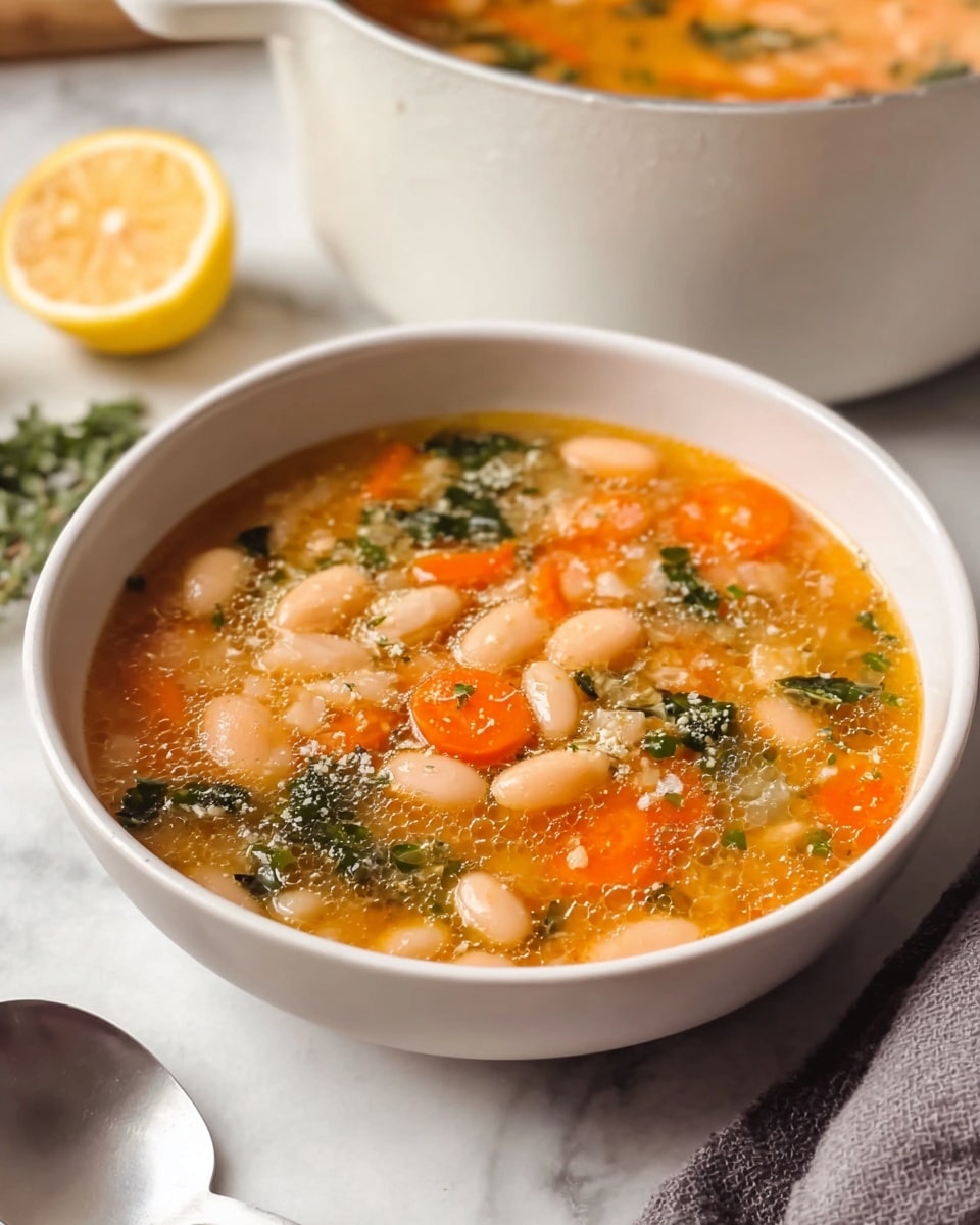 A white bowl filled with a warm soup that has three main layers: the top layer shows light orange broth with small oil bubbles and herbs sprinkled on the surface; below this are soft white beans grouped around slices of bright orange carrots, along with green leafy herbs scattered evenly; at the bottom is the thicker light orange broth holding all the ingredients together. The bowl sits on a white marbled surface next to a halved lemon, a silver spoon, and a gray cloth napkin. In the background, there is a matching white pot containing more of the soup. Photo taken with an iphone --ar 4:5 --v 7