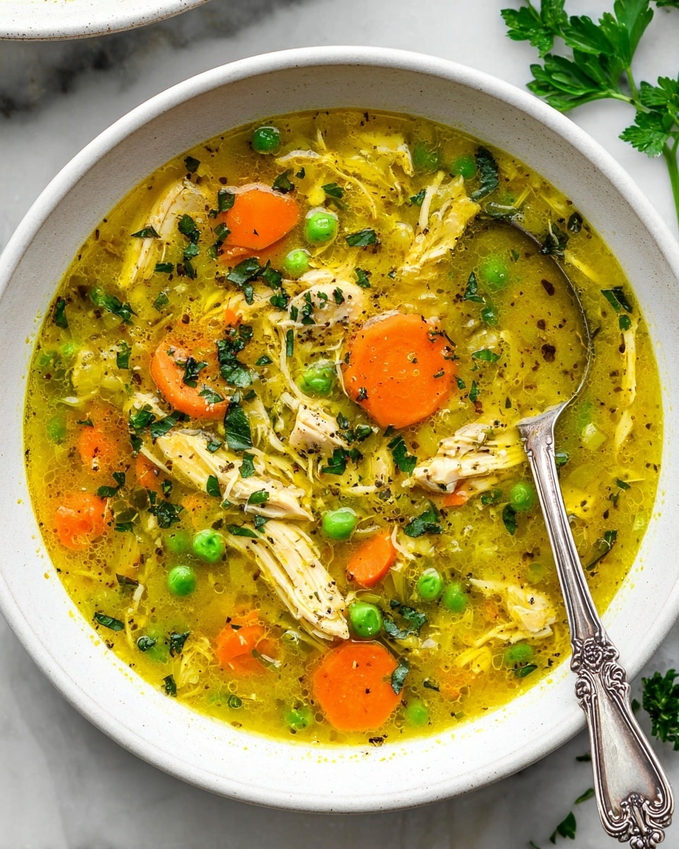 A white bowl filled with bright yellow soup, showing clear liquid with layers of shredded light yellow chicken pieces, round orange carrot slices, green peas, and translucent greenish celery bits, all sprinkled lightly with chopped dark green herbs and black pepper. A silver spoon with ornate handle rests inside the bowl. The bowl sits on a white marbled surface with parsley leaves and hints of another dish just at the top edges. photo taken with an iphone --ar 4:5 --v 7