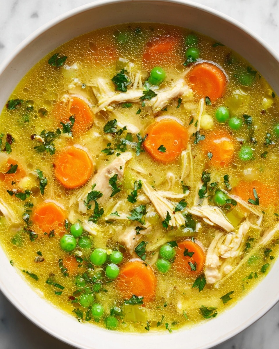 A white bowl filled with chicken soup showing about four main layers: a clear golden broth with small oil droplets floating on top, soft orange carrot slices cut into rounds scattered throughout, bright green peas evenly spread in the soup, and shredded light yellow chicken pieces mixed with translucent celery chunks and finely chopped green herbs floating in the broth, all sitting on a white marbled surface. photo taken with an iphone --ar 4:5 --v 7