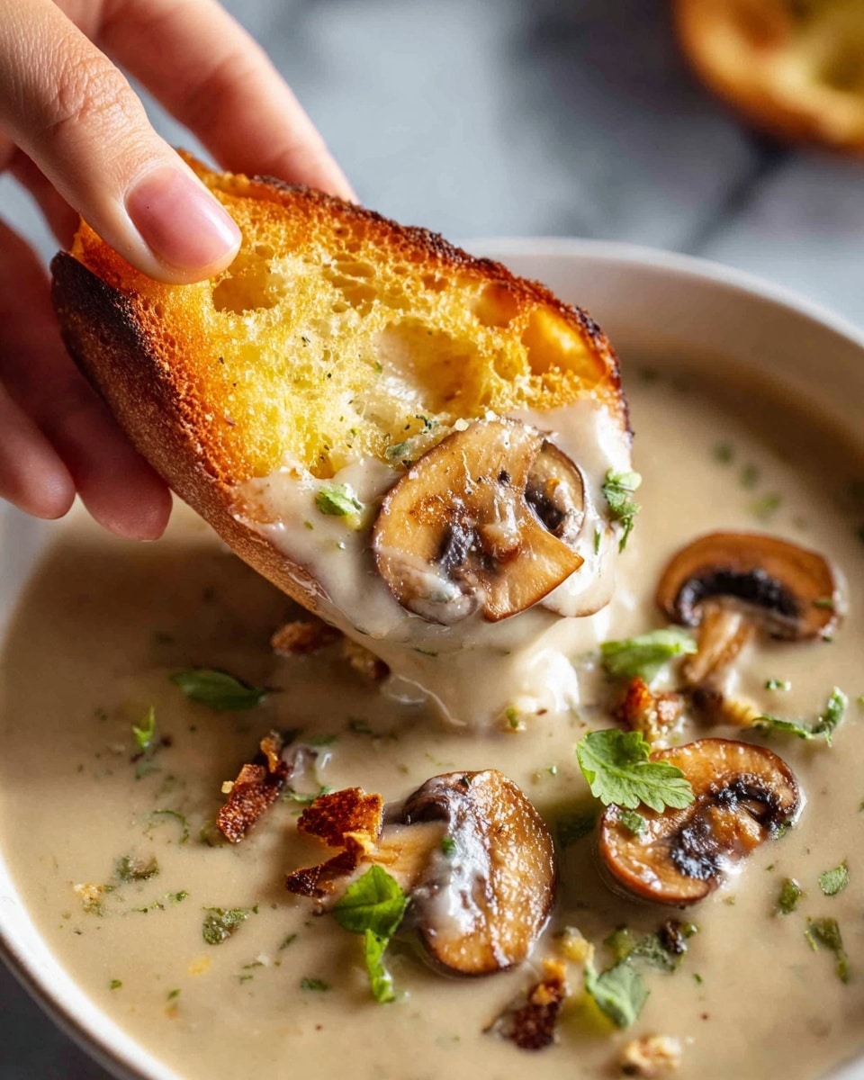 A woman's hand is holding a piece of torn warm bread with a crispy golden crust and soft white inside, dipped into a creamy, light brown mushroom soup. The soup is smooth and thick, with visible slices of cooked brown mushrooms floating on the surface, along with small green herbs and tiny bits of what looks like small crispy pieces. The soup is served in a white bowl on a white marbled surface. The lighting highlights the creamy texture and the fresh green herbs, making it look warm and inviting. Photo taken with an iphone --ar 4:5 --v 7