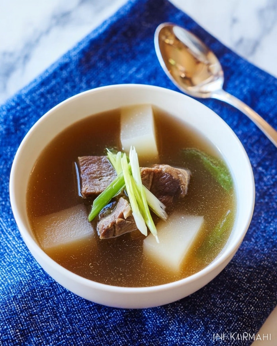 A white bowl filled with clear light brown broth containing several large light beige cubes of radish and a few small pieces of dark brown beef. On top, thin strips of pale green onion are placed as garnish. The bowl is set on a deep blue textured cloth with a silver spoon nearby on the right side, all on a white marbled surface. photo taken with an iphone --ar 4:5 --v 7