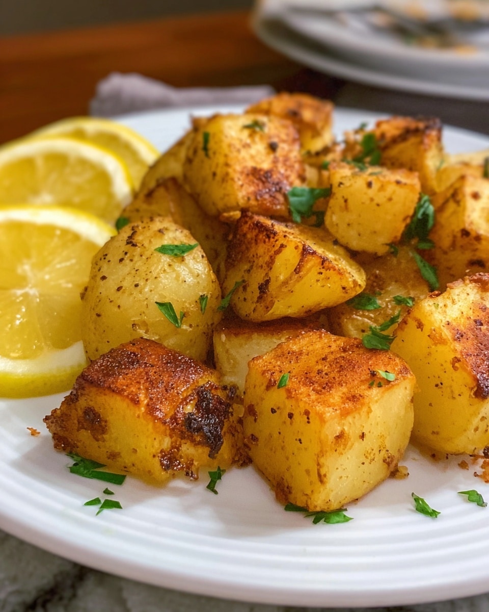 The image shows a white plate filled with about ten golden brown roasted potato chunks. Each potato piece has a rough, crispy texture with slightly darker toasted spots and sprinkled green parsley leaves on top. In the front left corner of the plate, there are two lemon wedges with bright yellow skin and juicy flesh, giving a fresh touch to the dish. The plate is placed on a white marbled surface, and the background is slightly blurred with brown and gray tones, drawing focus to the potatoes. Photo taken with an iphone --ar 4:5 --v 7