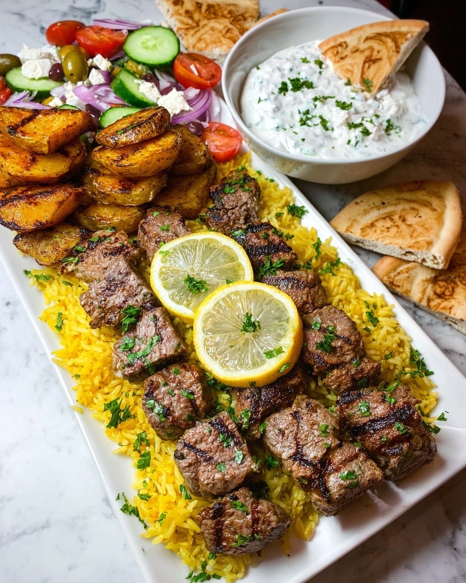 The image shows a white rectangular plate on a white marbled surface, filled with a colorful meal. The bottom layer is yellow seasoned rice spread evenly across the plate. On top, there are grilled meat pieces arranged in two neat rows, marked with visible grill lines and sprinkled with small green parsley bits. Two lemon slices rest on the center of the grilled meat, adding a pop of yellow and light green. To the upper left side of the plate, there are golden-brown roasted potato wedges stacked neatly beside a fresh salad composed of cucumber slices, cherry tomato halves, olives, red onion, and crumbled white cheese. Behind the plate, a small white bowl contains a creamy white sauce with small green herb pieces and a triangular bread piece sticking out. More triangular bread pieces lie on the white marbled surface next to the bowl. The photo taken with an iphone --ar 4:5 --v 7
