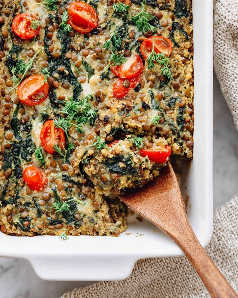 A white baking dish holds one thick layer of a baked casserole made of small grains and lentils mixed with chopped dark green leafy vegetables, onions, and small tomato slices placed on top. Some fresh green herb sprigs decorate the top, giving pops of bright green to the mostly light beige and green mixture. A wooden spoon is scooping a section from the corner, showing the soft, chunky texture inside. The dish rests on a surface with white marbled texture, next to a knitted cloth. Photo taken with an iphone --ar 4:5 --v 7