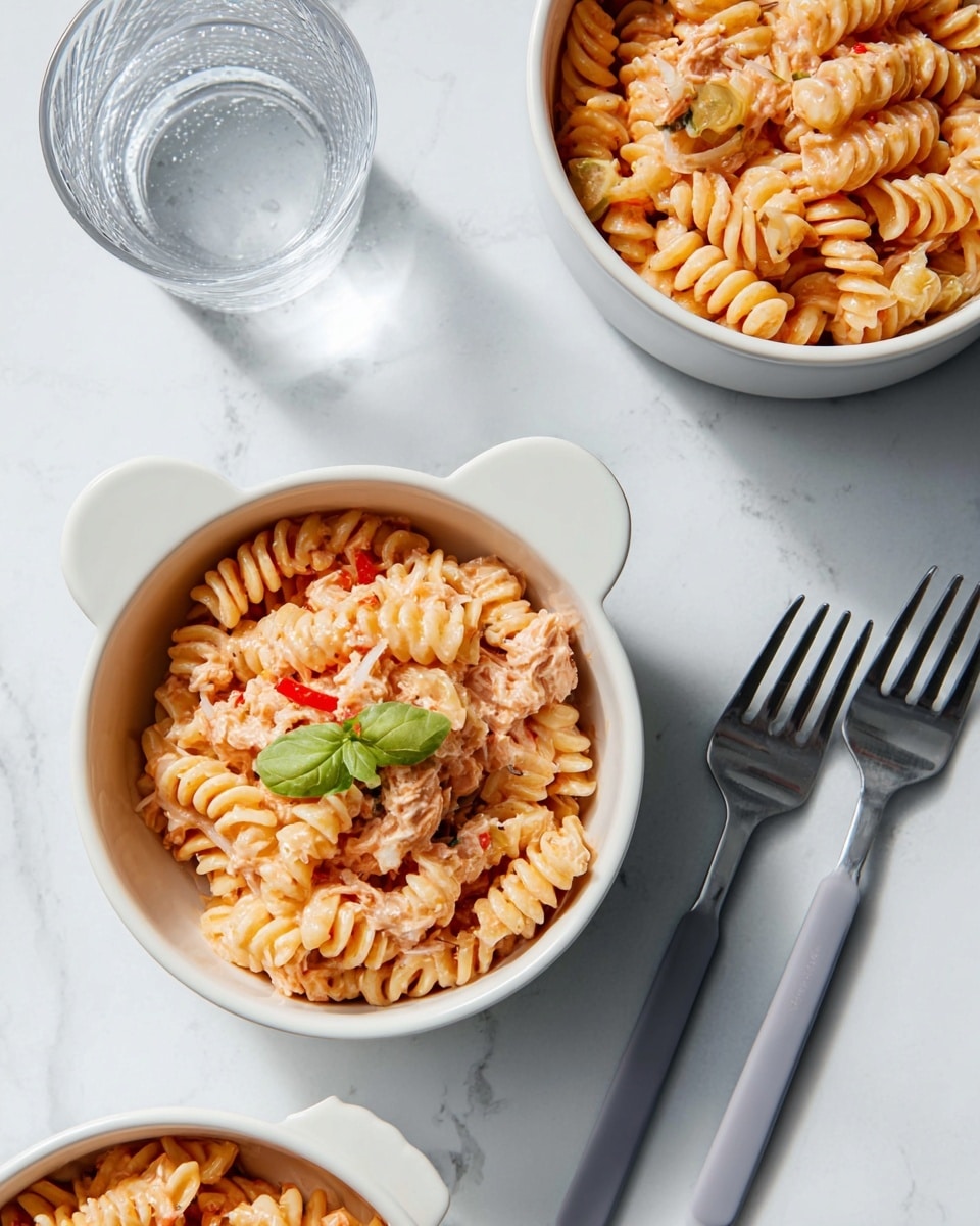 A small white bowl shaped like a bear’s head holds a single layer of spiral pasta mixed with light orange sauce and small chunks of creamy tuna and bits of red peppers evenly spread throughout. Around it, two larger white bowls hold more of the same creamy pasta with visible soft onion slices and a single green basil leaf on top. The scene rests on a white marbled surface, with a gray plastic fork placed nearby and a clear glass of water visible in the top right corner. Photo taken with an iphone --ar 4:5 --v 7