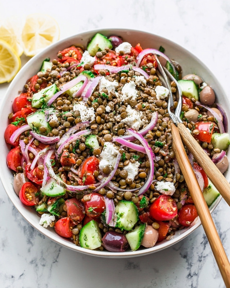 A large white bowl filled with a colorful salad that has three main layers: the bottom layer of small greenish-brown lentils, the middle layer mixed throughout with bright red tomato pieces and small cucumber cubes, and the top sprinkled with small white cheese crumbles and slices of dark olives and thin purple onion strips, all sitting on a white marbled surface. Two light wooden chopsticks rest on the right side of the bowl, partially in the salad. Photo taken with an iphone --ar 4:5 --v 7