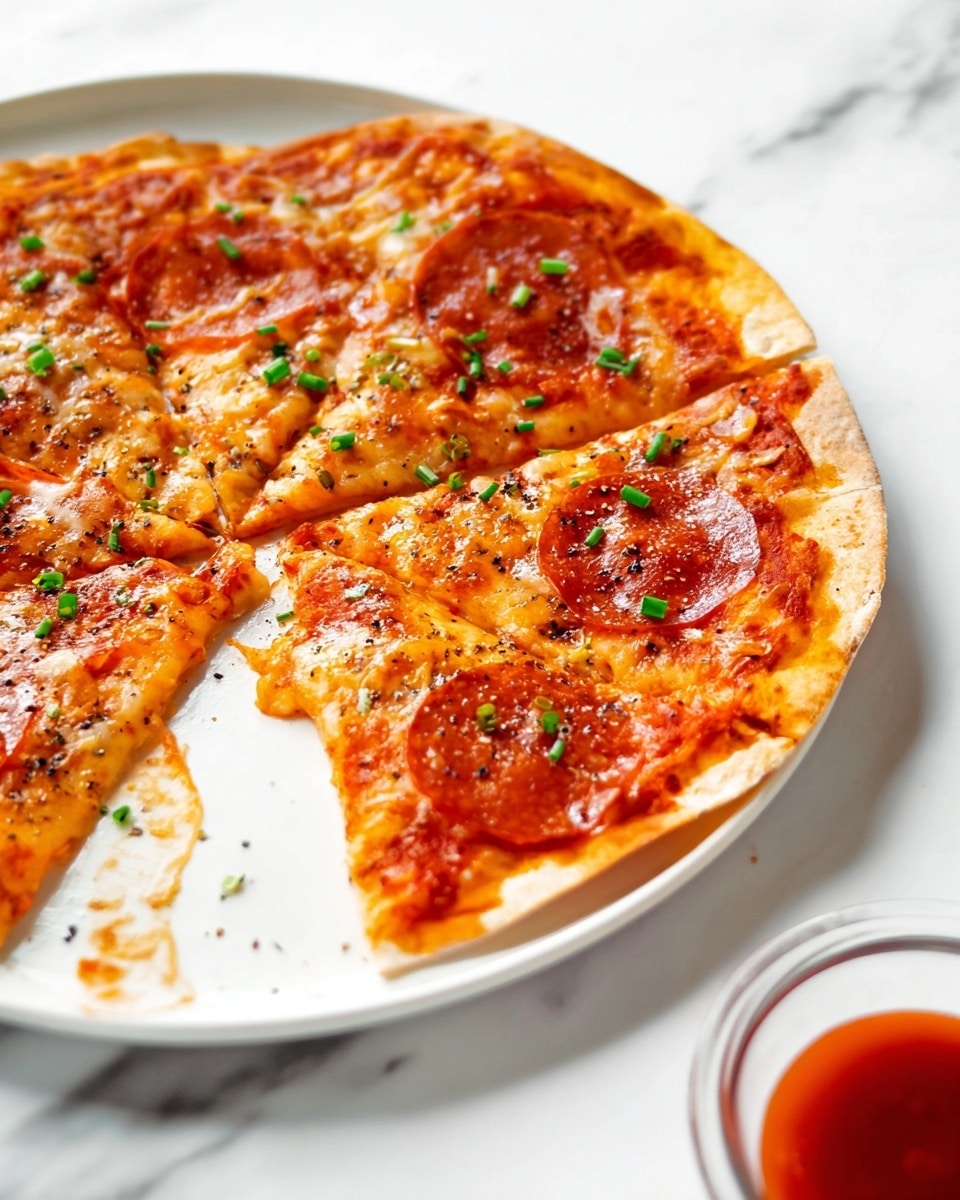 A thin pizza with one layer of light brown crust topped with a layer of bright red tomato sauce. On top, there is a melted layer of light golden cheese mixed with orange-red pepperoni slices spread evenly across the pizza. Small green chive pieces are scattered on top, adding a fresh touch, and some black pepper flakes are visible sprinkled over the pizza. The pizza is sliced into four pieces, with one piece slightly pulled out showing the toppings clearly. The pizza sits on a white plate placed on a white marbled surface. In the front, there is a small glass bowl with red sauce. Photo taken with an iphone --ar 4:5 --v 7