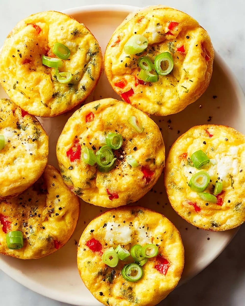 Seven small egg muffins are arranged closely on a white plate, each muffin showing a fluffy, slightly porous yellow egg base mixed with small pieces of red pepper and green herbs inside. The muffins have a golden-brown outer edge, indicating they are baked, and are topped with thinly sliced bright green onion pieces scattered evenly on top. The egg texture looks soft and slightly spongy, with visible white cheese chunks melted into the surface of some muffins. A few small black pepper specks are sprinkled lightly across the muffins and plate, which sits on a white marbled surface. Photo taken with an iphone --ar 4:5 --v 7