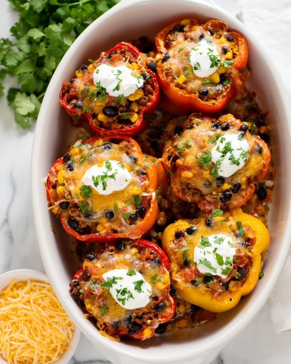 The image shows six stuffed bell pepper halves in a white oval baking dish on a white marbled surface, each pepper with an orange, red, or yellow outer layer. Inside, there is a mix of black beans, corn, ground meat, and melted cheese with a browned texture. Each stuffed pepper is topped with a dollop of white sour cream and sprinkled with chopped green herbs. Fresh green herbs sit in the background on the surface, and a small white bowl of shredded cheese is placed near the bottom left corner. The photo has a bright and fresh look, taken with an iphone --ar 4:5 --v 7