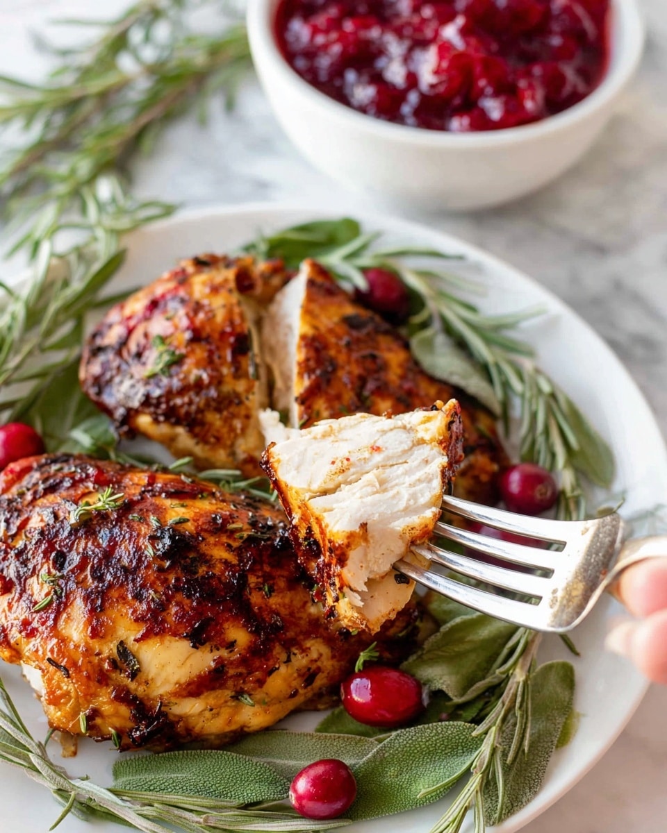 The image shows two rows of sliced roasted chicken with a golden-brown crispy skin, placed side by side on a white plate. The chicken slices have a rich, slightly charred texture on the surface, showing seasoning and herbs. Around the edges of the plate, there are fresh green leaves and a couple of small red berries, adding a touch of color and freshness. The plate sits on a white marbled textured surface. Photo taken with an iphone --ar 4:5 --v 7