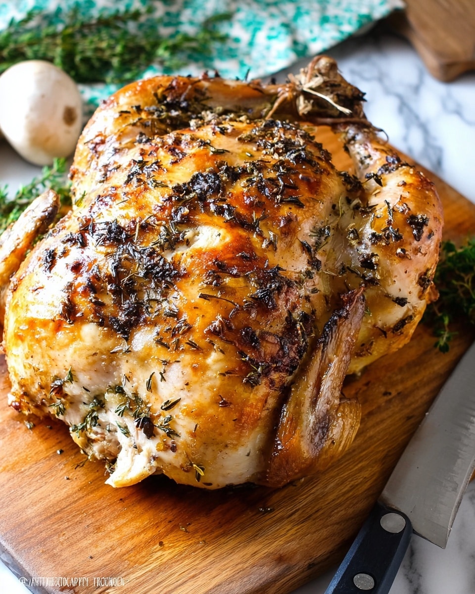 A whole roasted chicken sits on a wooden board, showing a golden brown skin covered with dark, crispy bits of herbs scattered all over. The chicken’s legs are tied with kitchen twine, and the surface under the chicken is a wooden cutting board. Behind the chicken, there are green herbs, a white mushroom, and a green patterned napkin partially in view. A large knife with a black handle is positioned in the bottom right corner. The background surface is changed to white marble texture. photo taken with an iphone --ar 4:5 --v 7