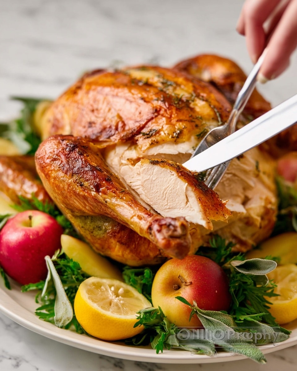 A whole roasted chicken with golden brown, crispy skin is shown on a bed of green leafy herbs. The chicken has one side sliced open to show white cooked meat inside. A silver fork held by a woman's hand lifts a piece of the white meat. Around the chicken, there are whole small red apples and bright yellow lemon slices, all set on a white plate. The background uses a white marbled texture. photo taken with an iphone --ar 4:5 --v 7