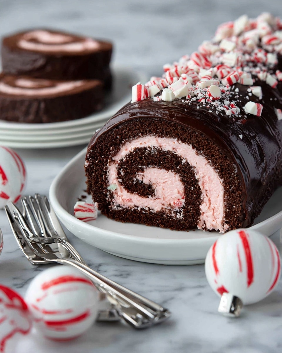 A chocolate roll cake with two main visible layers: a thick, dark chocolate outer layer with a shiny smooth texture and a soft, light pink creamy filling rolled in a spiral inside. The cake is topped with broken pieces of white and red candy scattered over the chocolate glaze. There are slices of the rolled cake placed on white plates near the whole roll, all set on a white marbled surface. In the foreground, there are two white Christmas ornaments with red stripes and some silver forks lying next to the plates. Photo taken with an iphone --ar 4:5 --v 7
