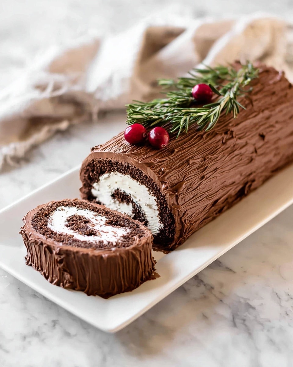 Buche de Noel: Classic Chocolate Yule Log with Creamy Filling and Festive Garnishes Recipe