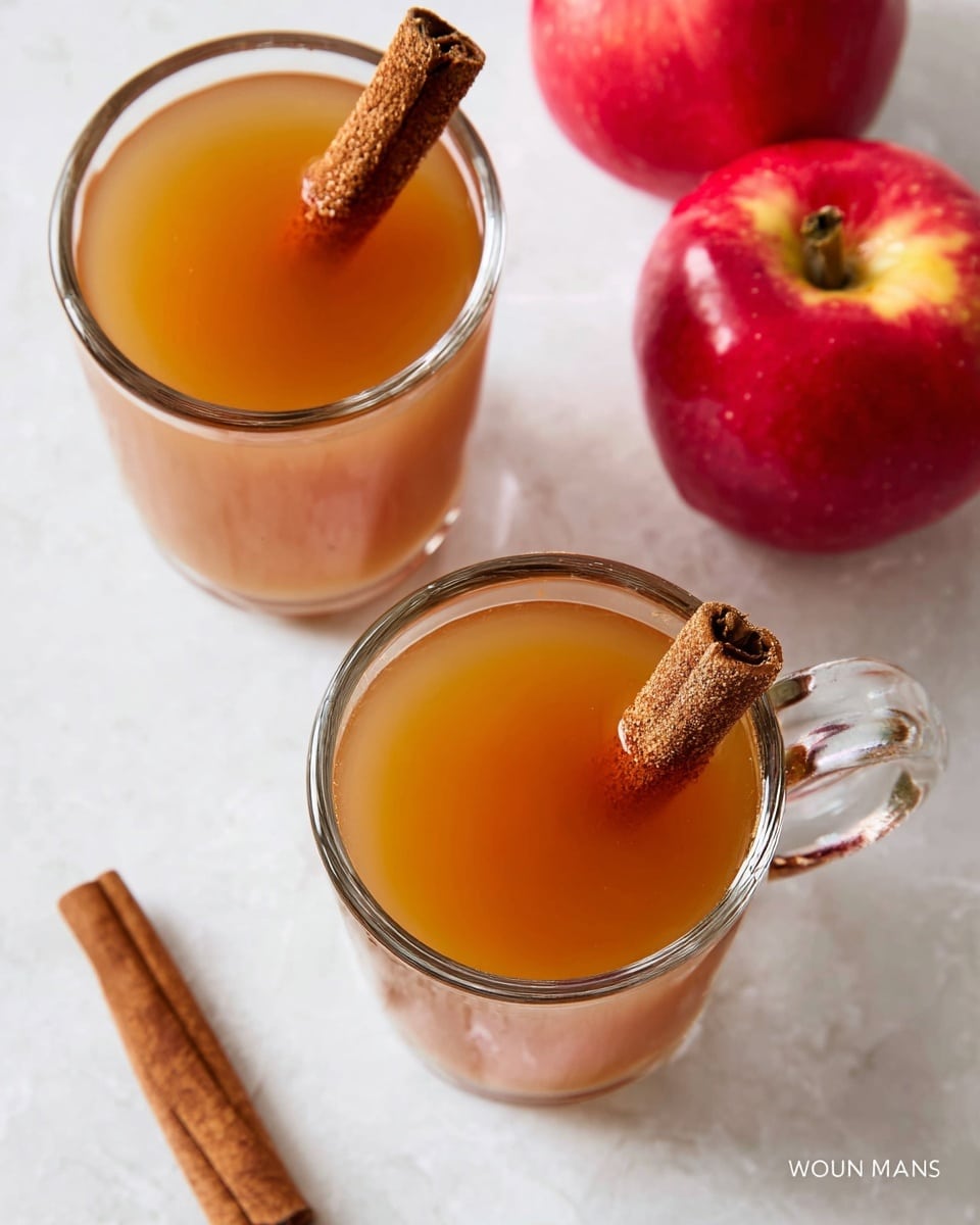 Two clear glass cups filled with warm light brown apple cider are shown from the top on a white marbled surface. Each cup has two cinnamon sticks resting on the rim, with their rough texture visible. Around the cups, there are three shiny, vibrant red apples with smooth skin, adding bright color to the scene. A cinnamon stick lies on the surface to the right. The overall look is cozy and inviting. photo taken with an iphone --ar 4:5 --v 7