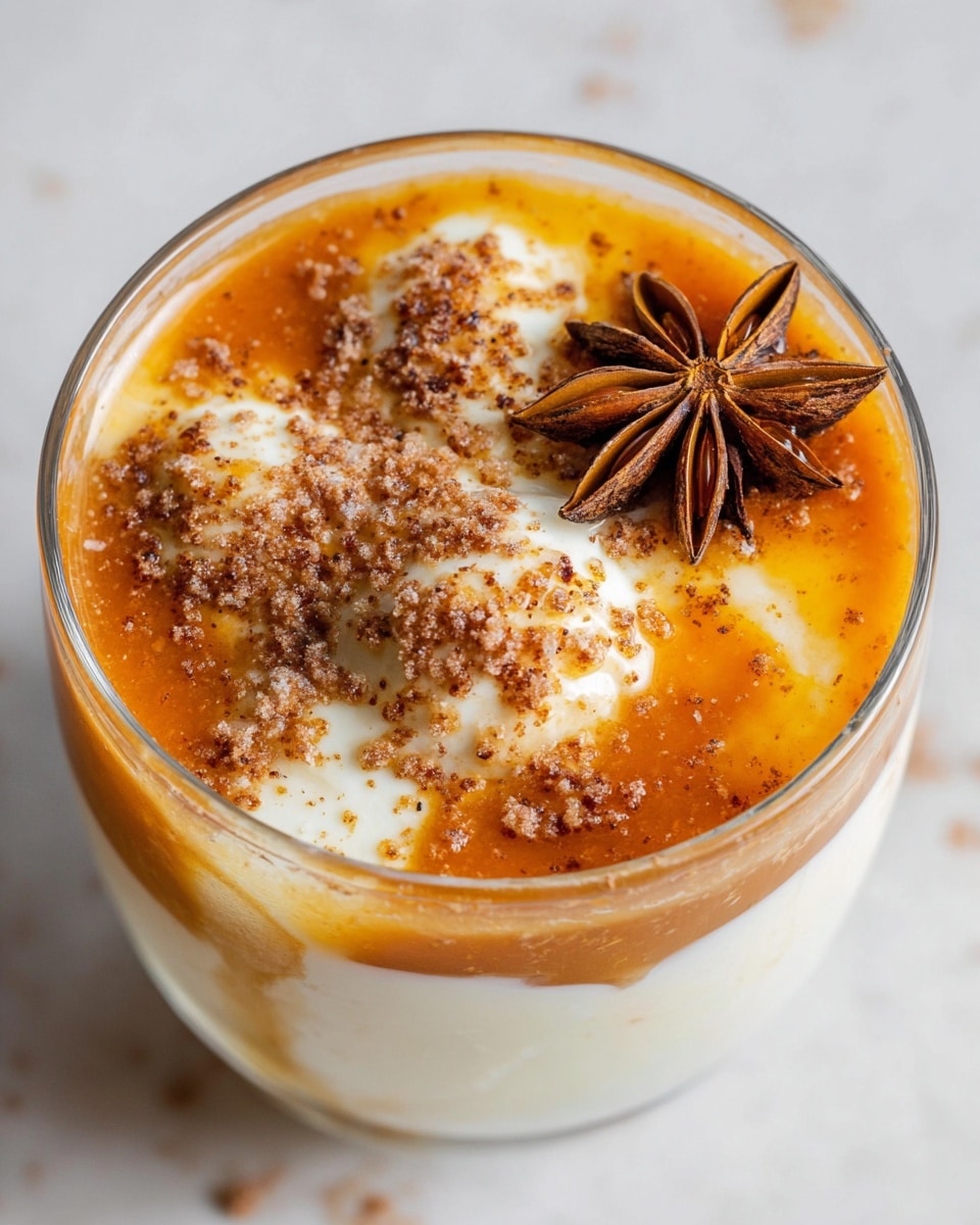 A clear glass filled with a creamy dessert showing two main layers: a white, soft, and slightly lumpy layer on top mixed with an orange, syrupy sauce that appears to be drizzled over and partially mixed in, creating a marbled effect with smooth and glossy textures. The top is sprinkled with fine brown powder and decorated with a whole star anise resting on the surface near the edge of the glass. The glass sits on a white marbled surface with soft lighting and shallow depth of field. Photo taken with an iphone --ar 4:5 --v 7